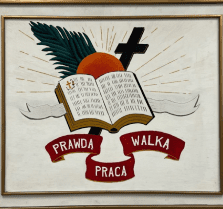 An emblem with a book, palm leaves, and a cross, inscribed with PRAWDA, WALKA, PRACA An emblem with a book, palm leaves, and a cross, inscribed with PRAWDA, WALKA, PRACA
